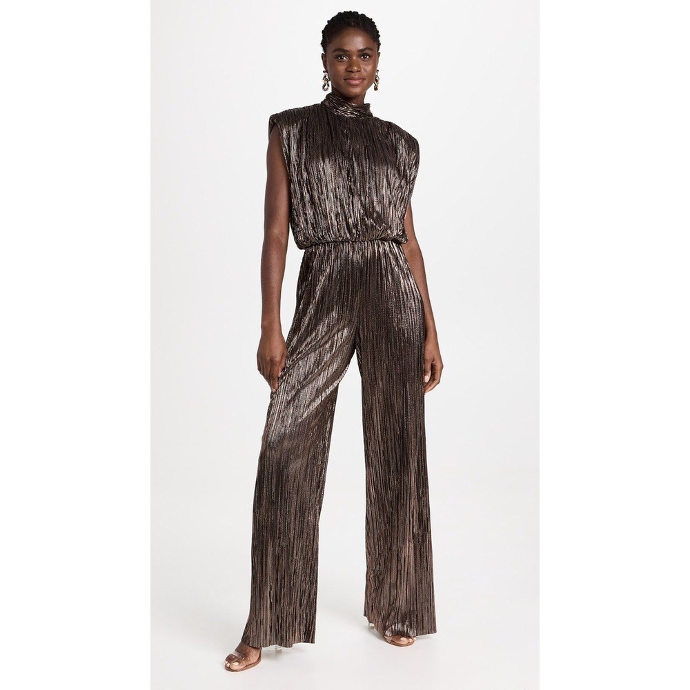 SABINA MUSAYEV Bronze Metallic Plisse Wide Leg Jumpsuit XL Mock Neck Sleeveless